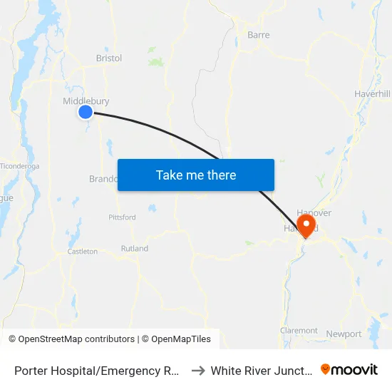 Porter Hospital/Emergency Room to White River Junction map
