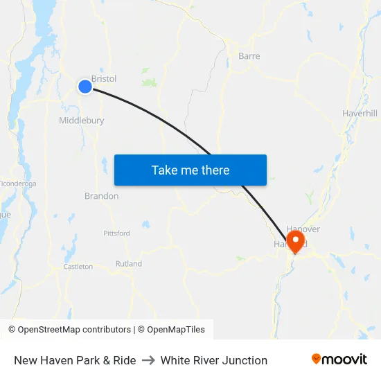 New Haven Park & Ride to White River Junction map