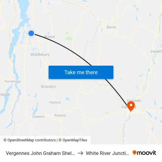 Vergennes John Graham Shelter to White River Junction map