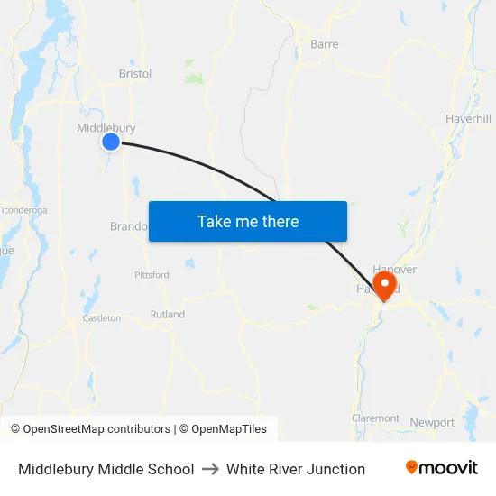 Middlebury Middle School to White River Junction map