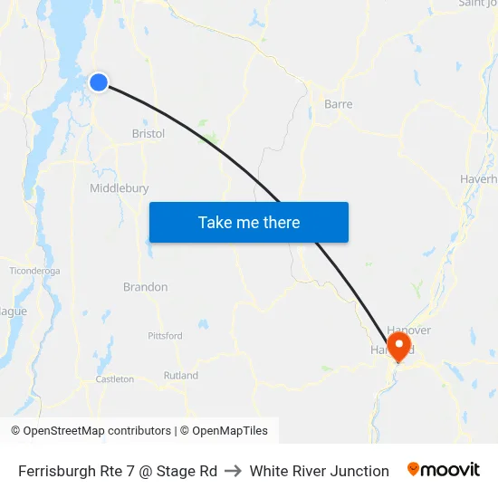 Ferrisburgh Rte 7 @ Stage Rd to White River Junction map