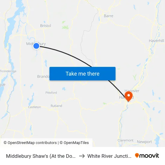 Middlebury Shaw's (At the Door) to White River Junction map