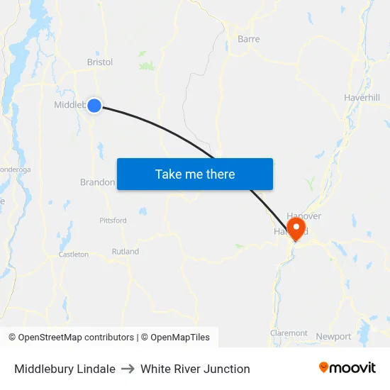 Middlebury Lindale to White River Junction map