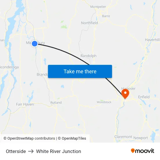 Otterside to White River Junction map