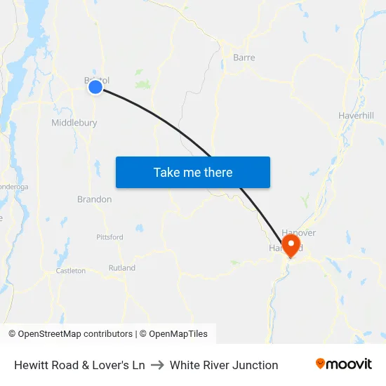 Hewitt Road & Lover's Ln to White River Junction map
