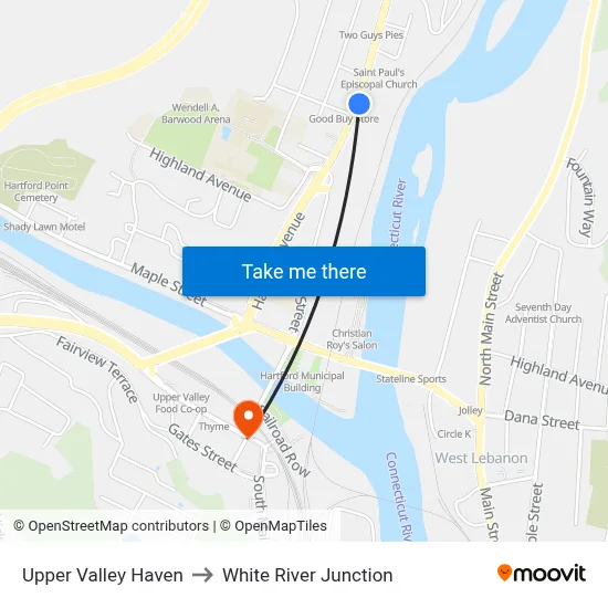 Upper Valley Haven to White River Junction map