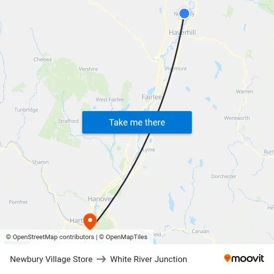 Newbury Village Store to White River Junction map