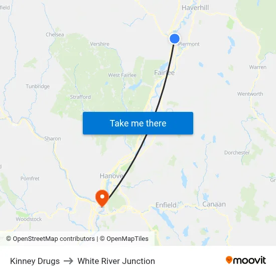 Kinney Drugs to White River Junction map