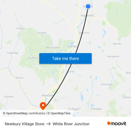Newbury Village Store to White River Junction map