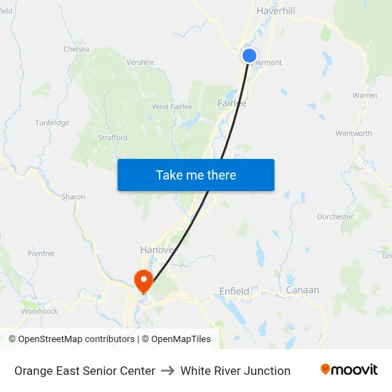 Orange East Senior Center to White River Junction map