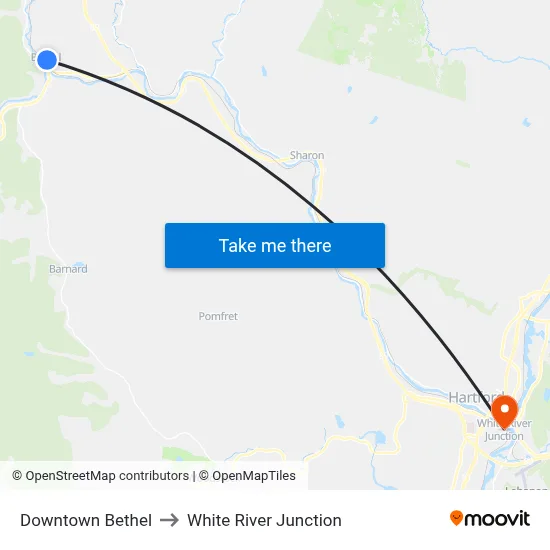 Downtown Bethel to White River Junction map