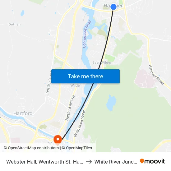 Webster Hall, Wentworth St. Hanover to White River Junction map