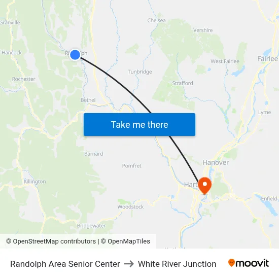 Randolph Area Senior Center to White River Junction map