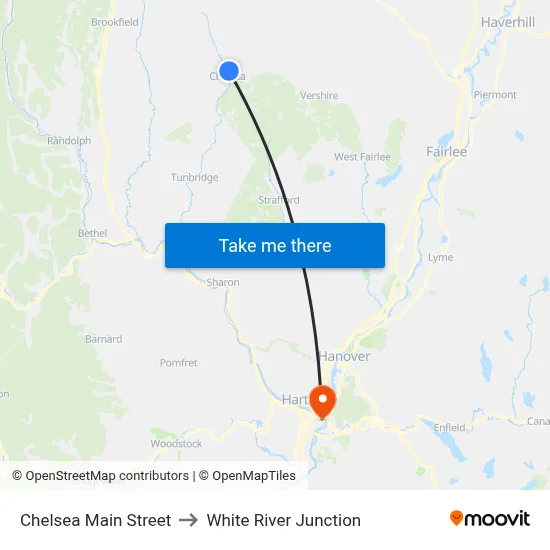 Chelsea Main Street to White River Junction map