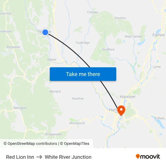 Red Lion Inn to White River Junction map