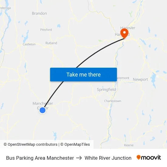 Bus Parking Area Manchester to White River Junction map