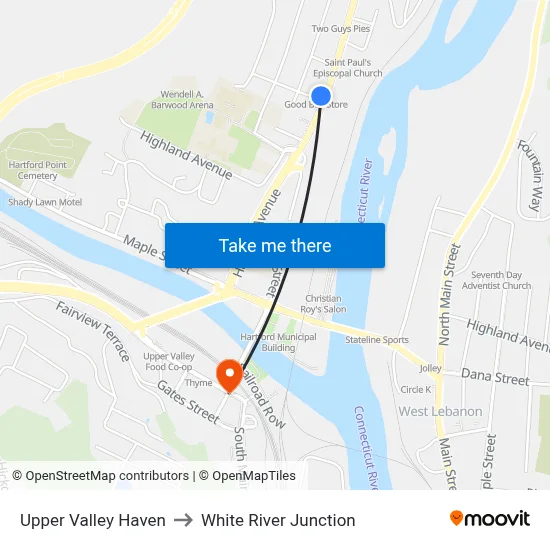 Upper Valley Haven to White River Junction map