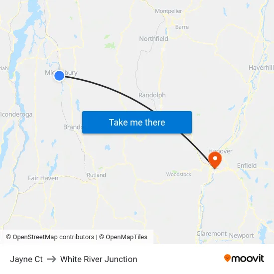 Jayne Ct to White River Junction map