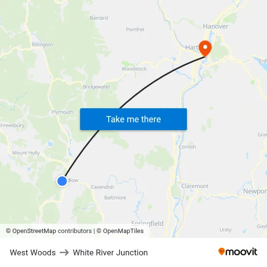 West Woods to White River Junction map