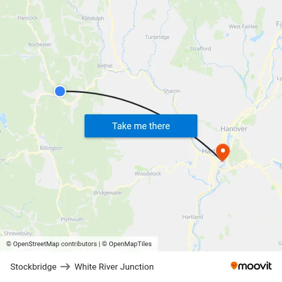 Stockbridge to White River Junction map