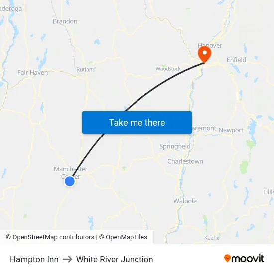 Hampton Inn to White River Junction map