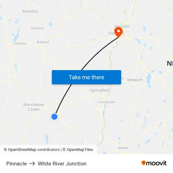 Pinnacle to White River Junction map