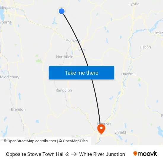 Opposite Stowe Town Hall-2 to White River Junction map