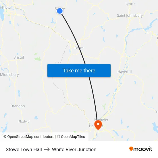 Stowe Town Hall to White River Junction map