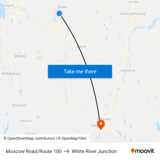 Moscow Road/Route 100 to White River Junction map