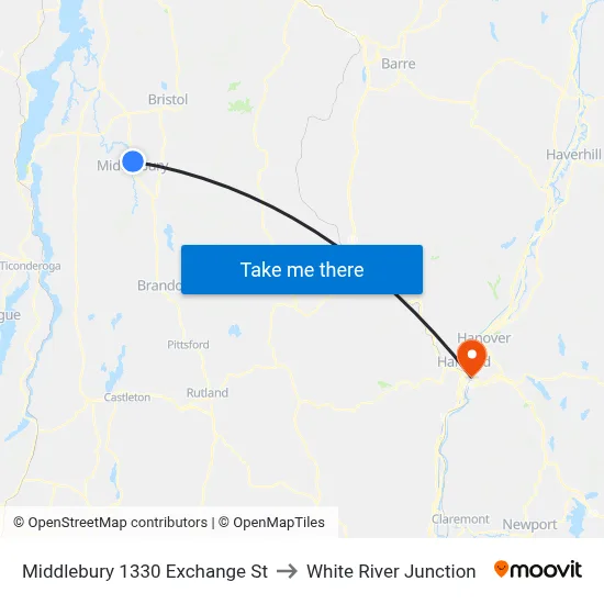 Middlebury 1330 Exchange St to White River Junction map