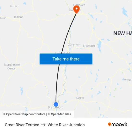 Great River Terrace to White River Junction map