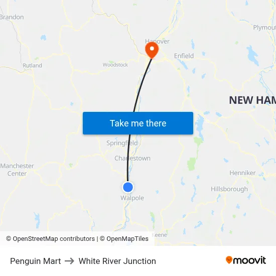 Penguin Mart to White River Junction map