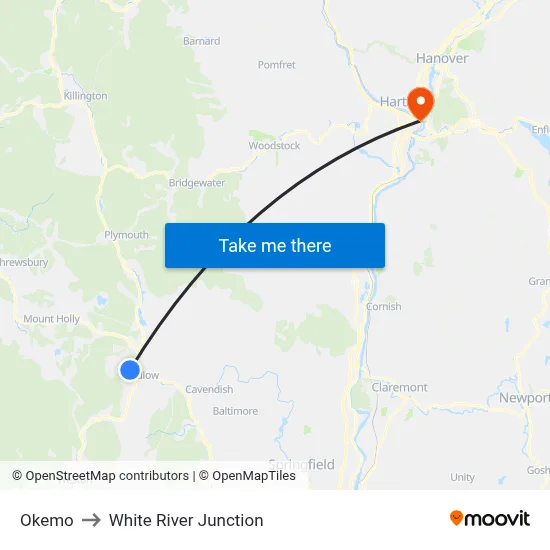 Okemo to White River Junction map