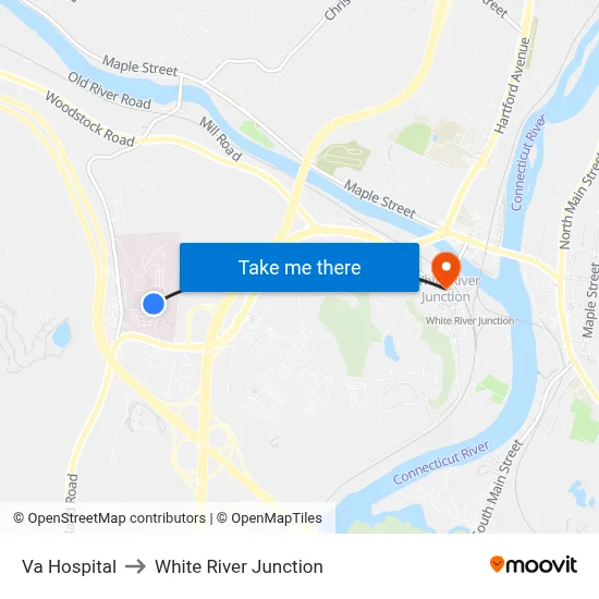 Va Hospital to White River Junction map