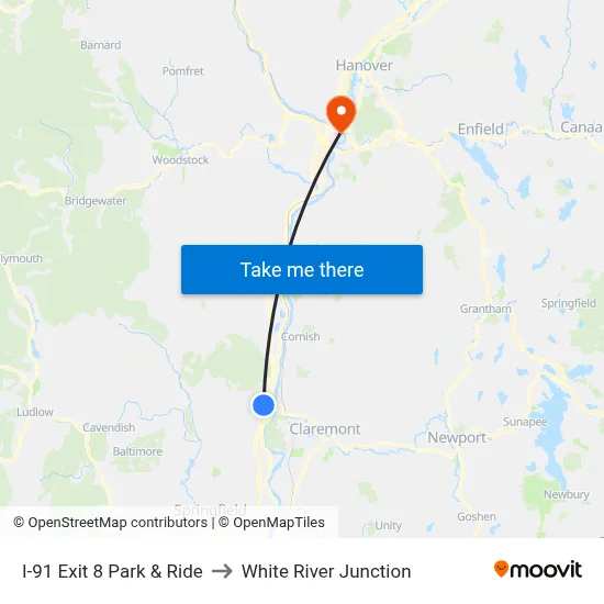 I-91 Exit 8 Park & Ride to White River Junction map