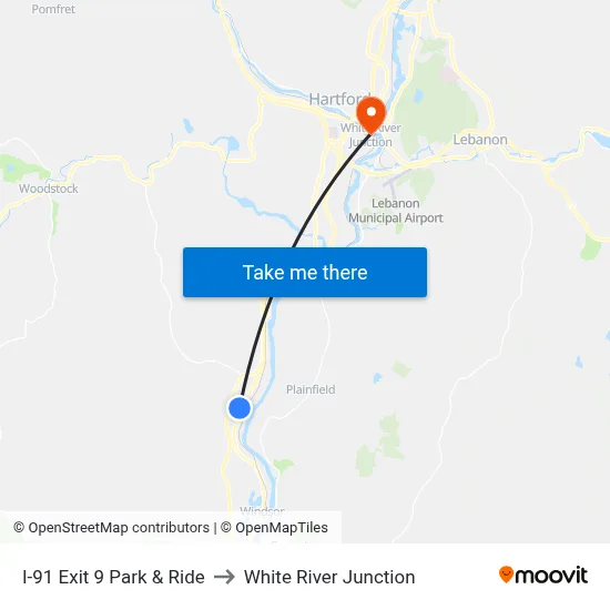 I-91 Exit 9 Park & Ride to White River Junction map