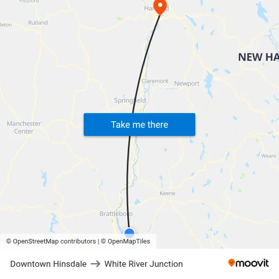 Downtown Hinsdale to White River Junction map