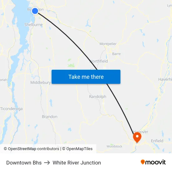 Downtown Bhs to White River Junction map