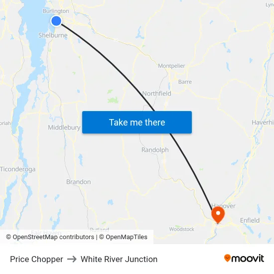 Price Chopper to White River Junction map