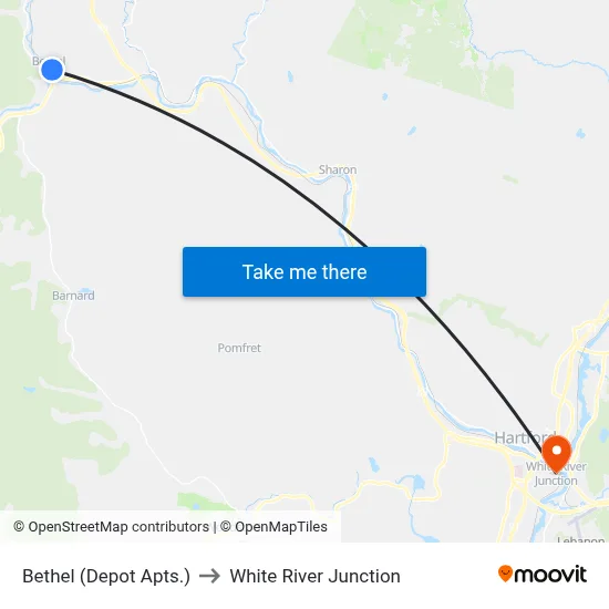 Bethel (Depot Apts.) to White River Junction map