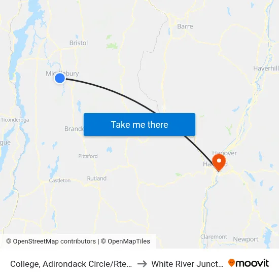 College, Adirondack Circle/Rte 125 to White River Junction map