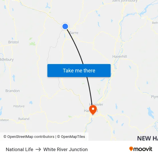 National Life to White River Junction map