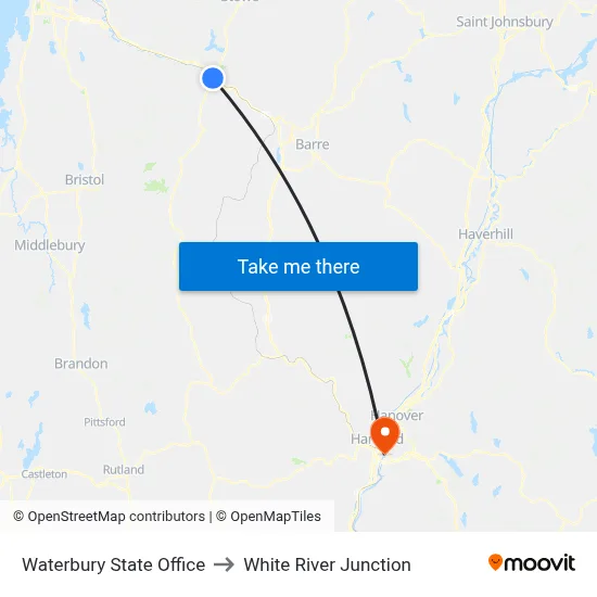 Waterbury State Office to White River Junction map