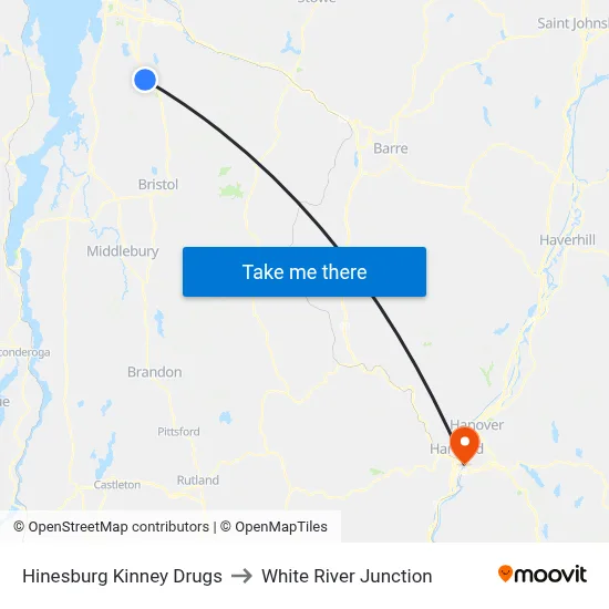 Hinesburg Kinney Drugs to White River Junction map