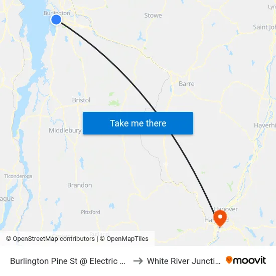 Burlington Pine St @ Electric Ave to White River Junction map