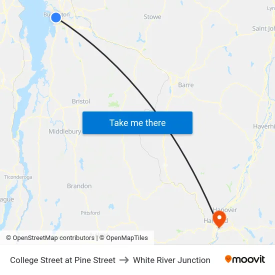 College Street at Pine Street to White River Junction map