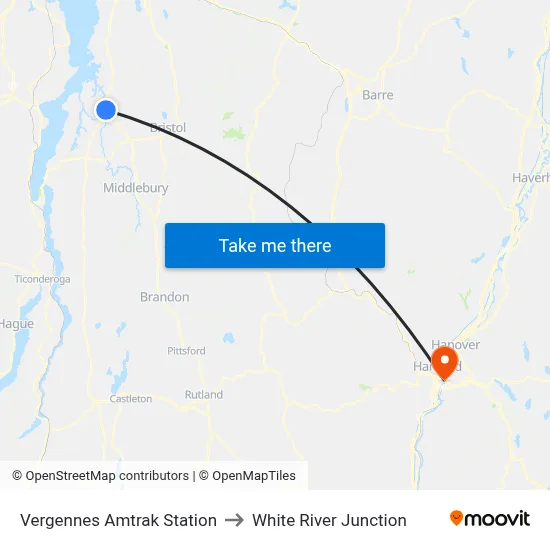 Vergennes Amtrak Station to White River Junction map