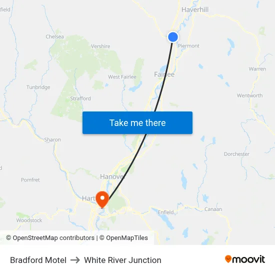 Bradford Motel to White River Junction map