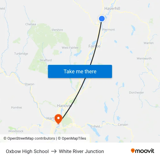 Oxbow High School to White River Junction map