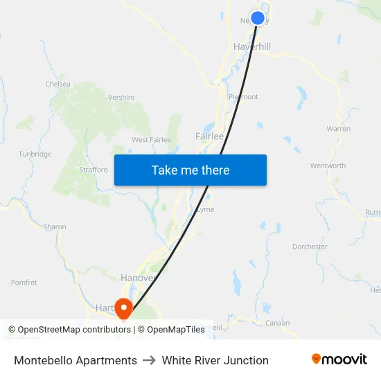 Montebello Apartments to White River Junction map